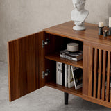 ROMMAK Boho TV Stand for 55-65 Inch TV, 4 Doors, Entertainment Center with Adjustable Shelf, TV Console with 4 Cabinets, Media Console, Solid Wood Feet, Cord Holes for Living Room, Bedroom, Walnut ROMMAK