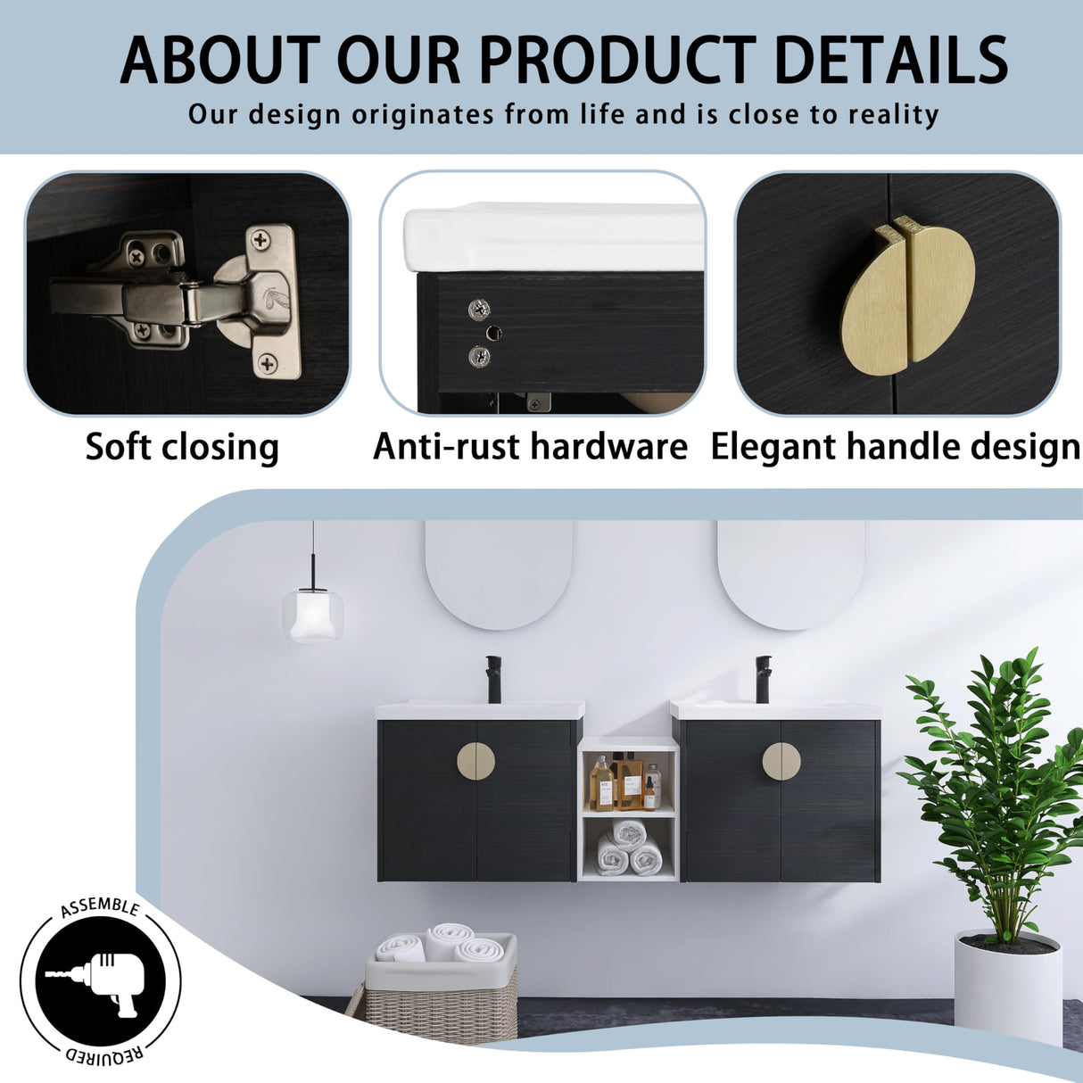 60 Inch Floating Bathroom Vanity, 60" Bathroom Vanity with Sink, Modern Double Sink Bathroom Vanity Combo,Black Wall Mounted Cabinet Set with Open Storage Shelf WoodArtSupply