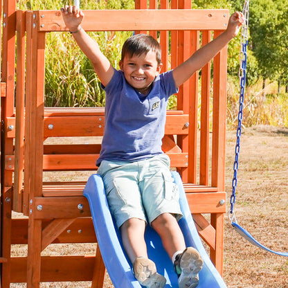 Dolphin Playground Cedar Wooden Swing Sets for Backyard, Outdoor Playset for Kids with Monkey Bar, 2 in 1 Outdoor Table, Wave Slide, Climbing Wall, and 2 Belt Swings, Playground Sets for Back - WoodArtSupply