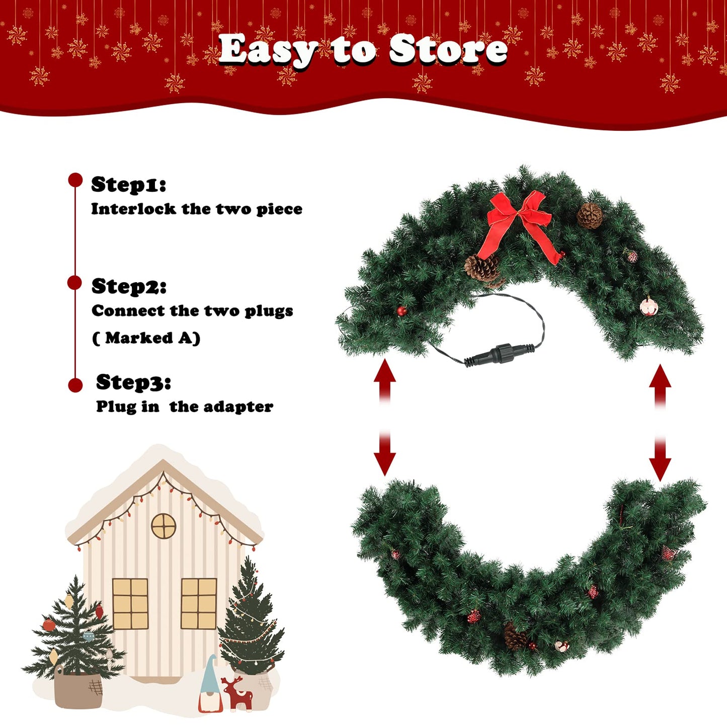 VINGLI 48 Inch Pre-lit Artificial Christmas Wreath, Ourdoor Christmas Wreath Decorations with 150 LED Lights and 450 PVC Branch Tips for Garage, Xmas Door Wreath w/Bow, Pine Cones, Ornaments, Plug-in