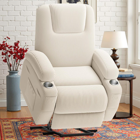 Power Lift Recliner Chair for Elderly with Massage Electric Lift Recliner Chairs with Cup Holders Side Pockets for Living Room (Corduroy, White) Shahoo