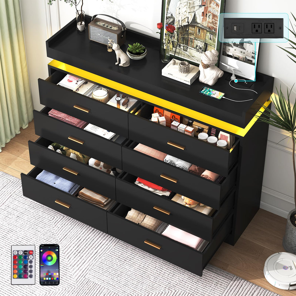 jiteentarou 8 Drawer Dresser with Charging Station and LED Lights, Modern Chest of Drawers with Power Outlet, Organizer Cabinet for Bedroom, Living Room, Black jiteentarou