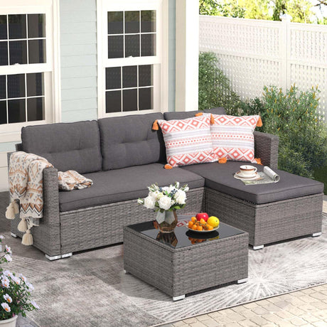 JOIVI Outdoor Patio Furniture Sets, 3-Piece All Weather Wicker Outdoor Conversation Set, Rattan Sectional Sofa Set, Patio Couch with Tempered Glass Table for Porch, Garden, Dark Gray JOIVI