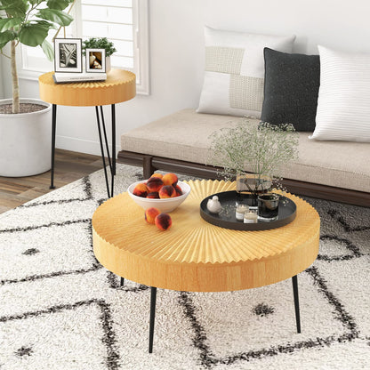 GOFLAME Round Coffee Table Set of 2, Modern Farmhouse End Tables with Natural Finish, Aesthetic Line Design, Solid Wood Nesting Side Tables for Living Room, Bedroom, Easy Assembly