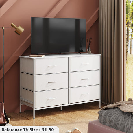 WLIVE Wide Dresser with 6 Drawers, TV Stand for 50" TV, Entertainment Center with Metal Frame, Wooden Top, Fabric Storage Dresser for Bedroom, Hallway, Entryway, White WLIVE