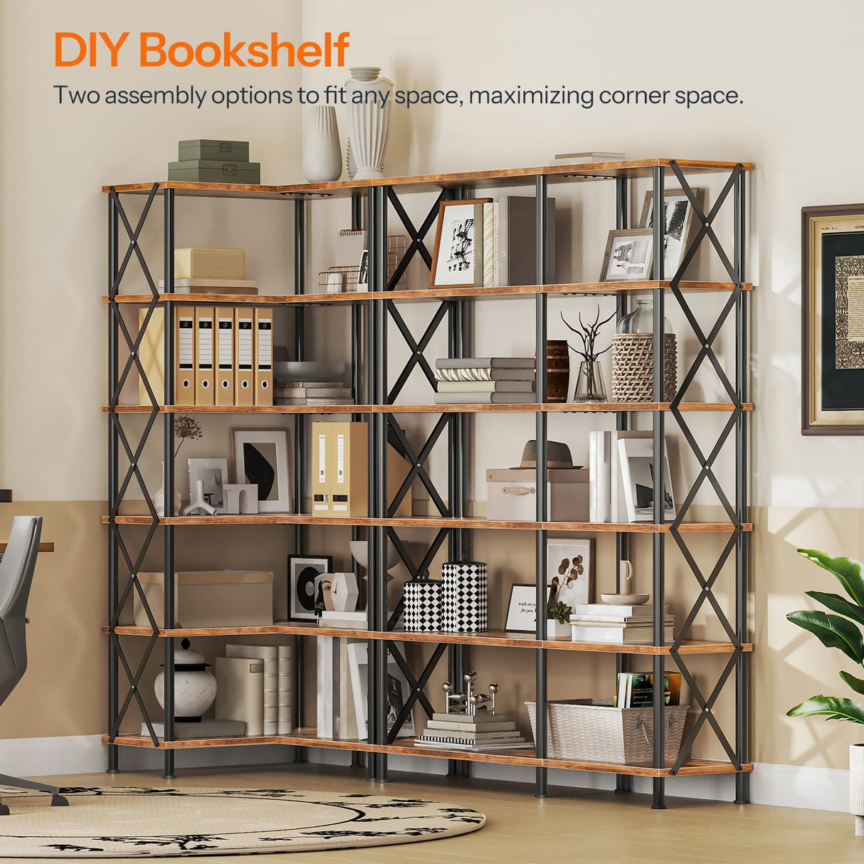HOOBRO Corner Bookshelf, 6-Tier L-Shaped Bookcase, Industrial Open Display Shelf Tall Storage Organizer, Vertical Storage Rack, for Living Room, Home Office, Rustic Brown and Black BF61SJ01 HOOBRO