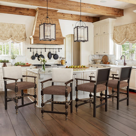 Cozyman Counter Height Bar Stools Set of 4, 26''French Leather Barstools with Arms and Backrest, Counter Stool with Solid Rubberwood Frame, Upholstered Farmhouse Bar Stools, Linen Color-Espresso Cozyman