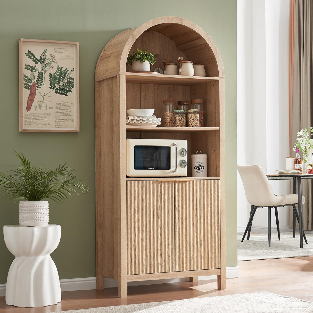 WINWY Arched Cabinet Bookshelf Bookcase - 71” Tall Mid Century Arched Display Cabinets, Rounded Bookshelf with Fluted Doors, Open Shelf Storage Cabinet for Dining Room (Natural) WINWY