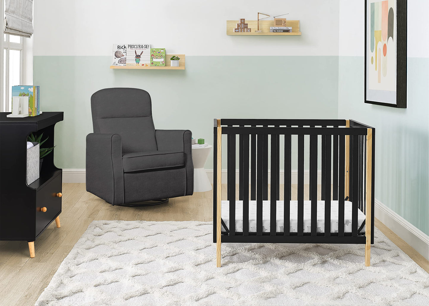 Delta Children Gio Mini Crib with 2.75" Mattress Included, Ebony/Natural