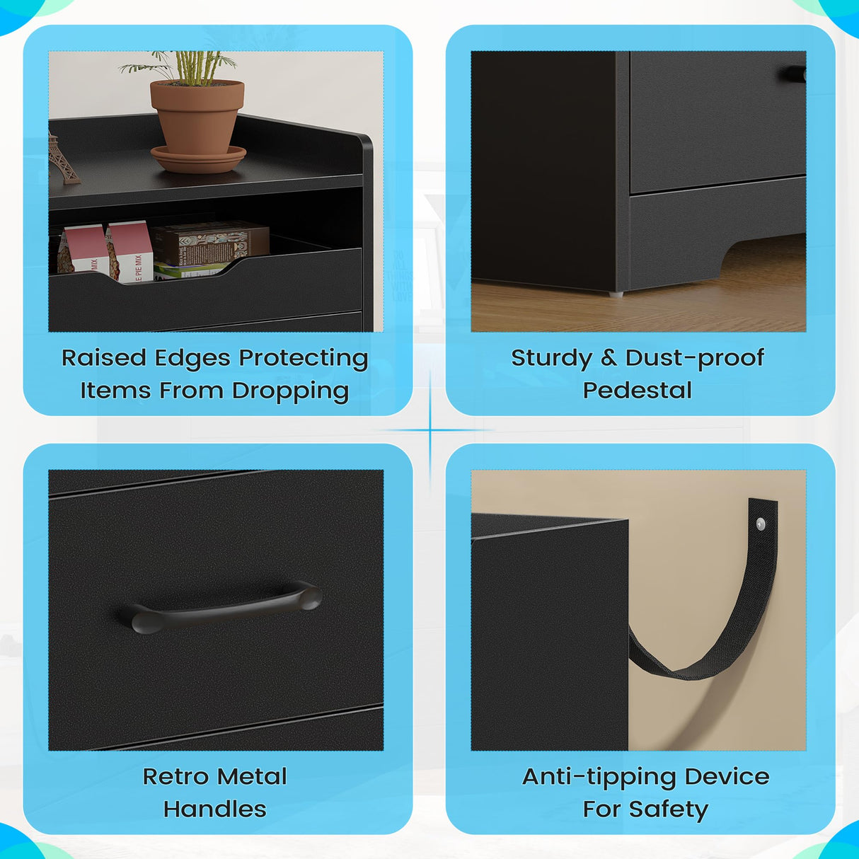 OTUTUMUS 6 Drawer Dresser for Bedroom with Charging Station & LED Light, 47.2" Black 6 Drawer Dresser with 2 Pull-Out Tray, Wood Dresser Organizer for Living Room/Closet/Hallway OTUTUMUS