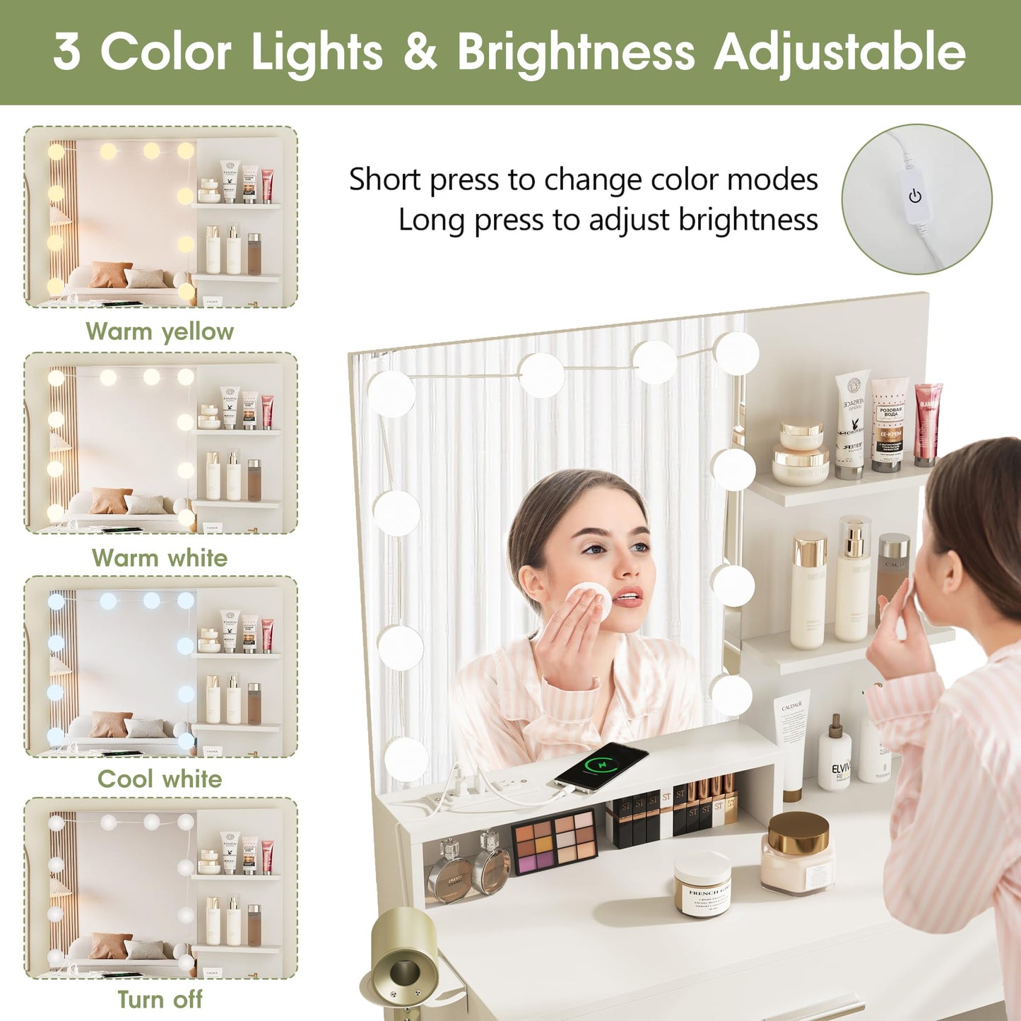 Vabches Makeup Vanity Table with Lighted Mirror & Power Strip, White Vanity Set, Lots Storage, 3 Lighting Modes, Brightness Adjustable, 31.5 * 15.75 * 57.7in, White