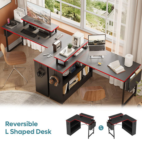 Bestier Small L Shaped Gaming Desk with LED Lights, 42 Inch Computer Desk with Monitor Stand, Open Storage Cabinet & Side Storage Bag, Corner Desk with Hooks for Bedroom Home Office Bestier