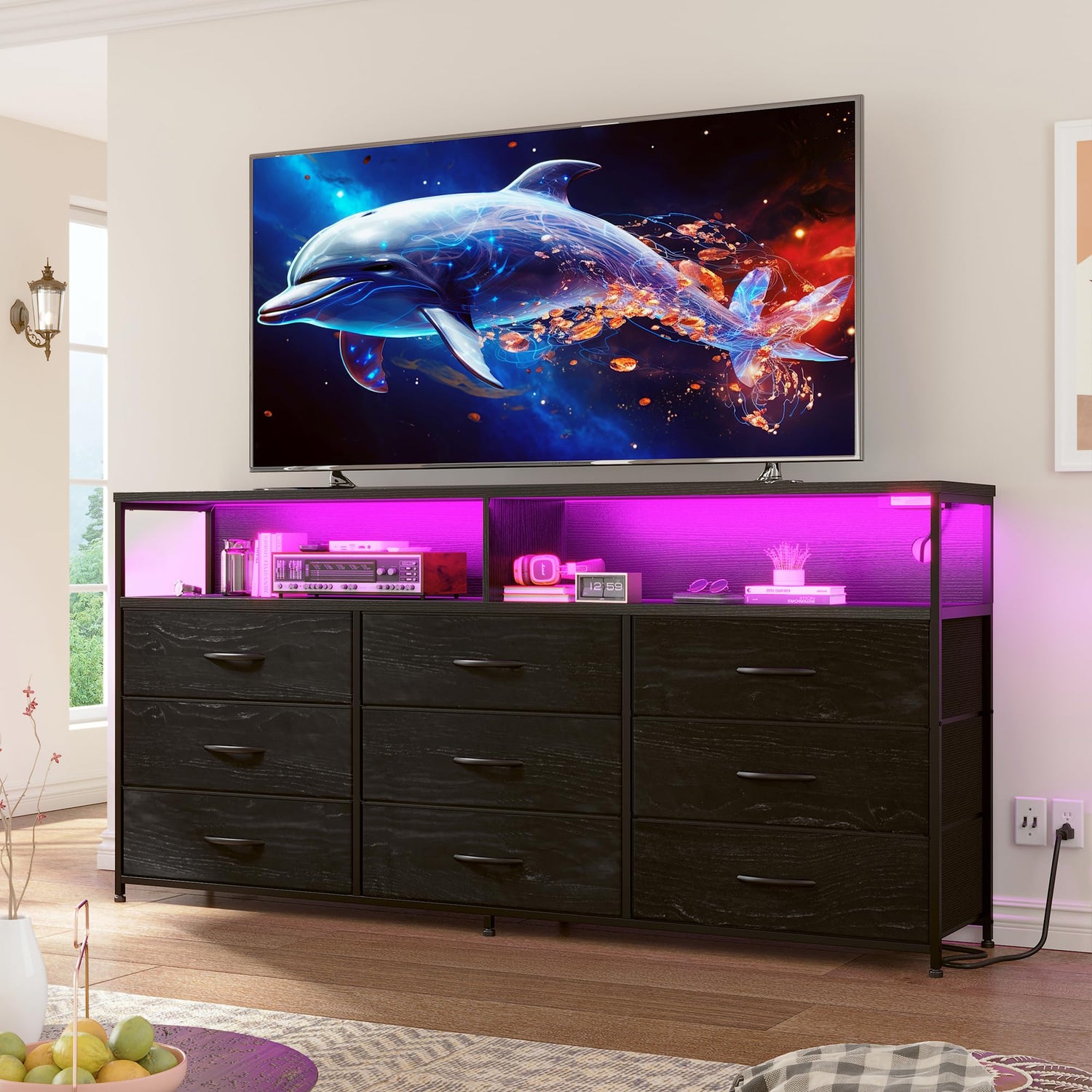 EnHomee 55 W Dresser, Black Dresser for Bedroom with Power Outlet & L WoodArtSupply EnHomee 55 W Dresser, Black Dresser for Bedroom with Power Outlet & L WoodArtSupply