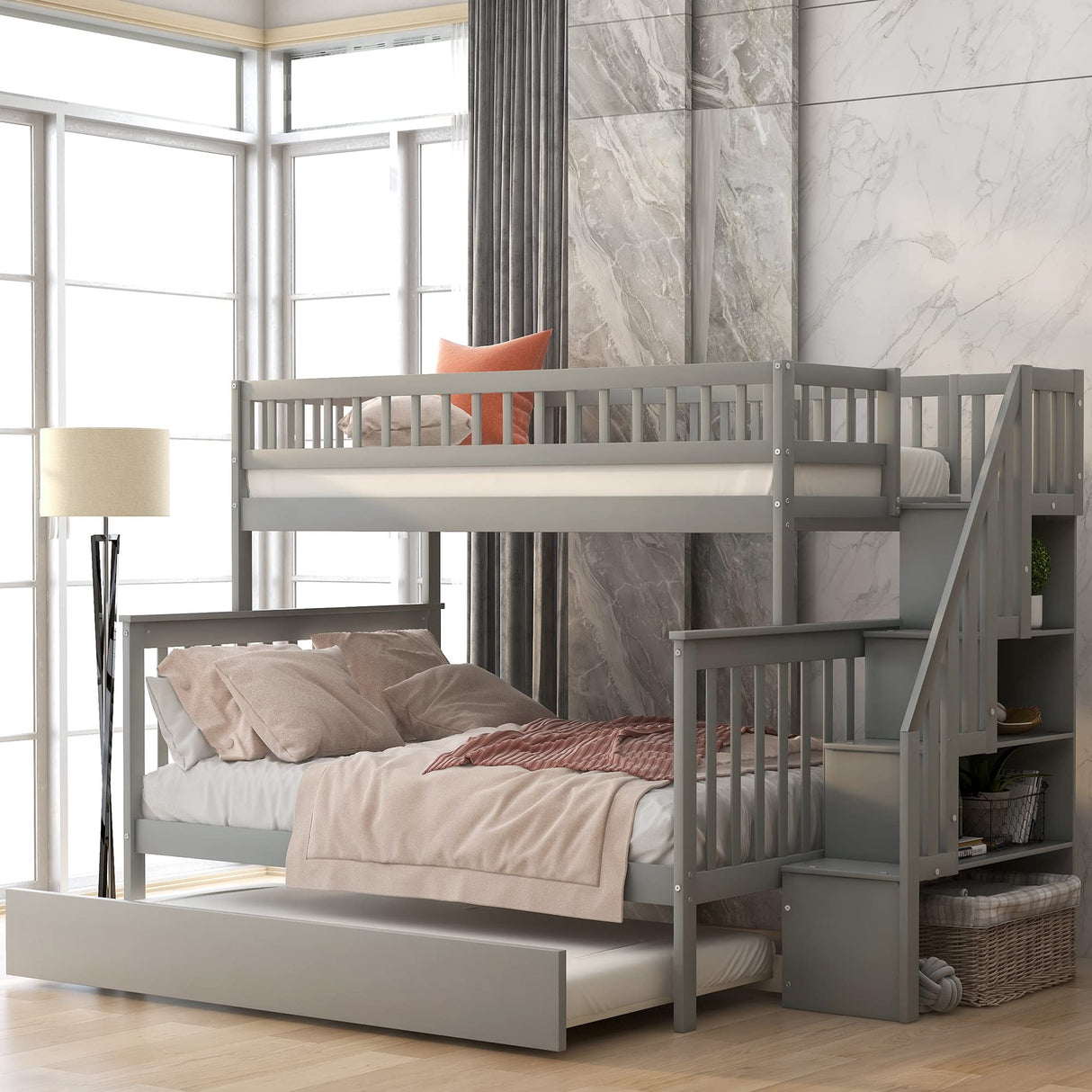 Harper & Bright Designs Bunk Beds Twin Over Full Size, Bunk Bed with Trundle,Storage Shelf and Stairway,Wood Bunk Beds with Full-Length Guard Rail for Kids and Teenagers,No Box Spring Needed, Grey Harper & Bright Designs