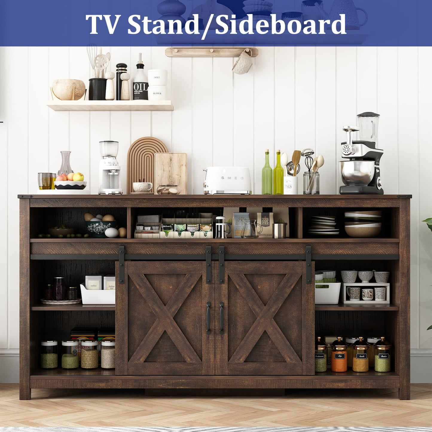 Hlivelood 61.5IN Farmhouse LED TV Stand for 65/70inch TV, Modern TV Stands for Living Room with RGB LED,TV Entertainment Center with Storage Cabinet/Sliding Barn Door,Sideboard Cabinet(Brown)