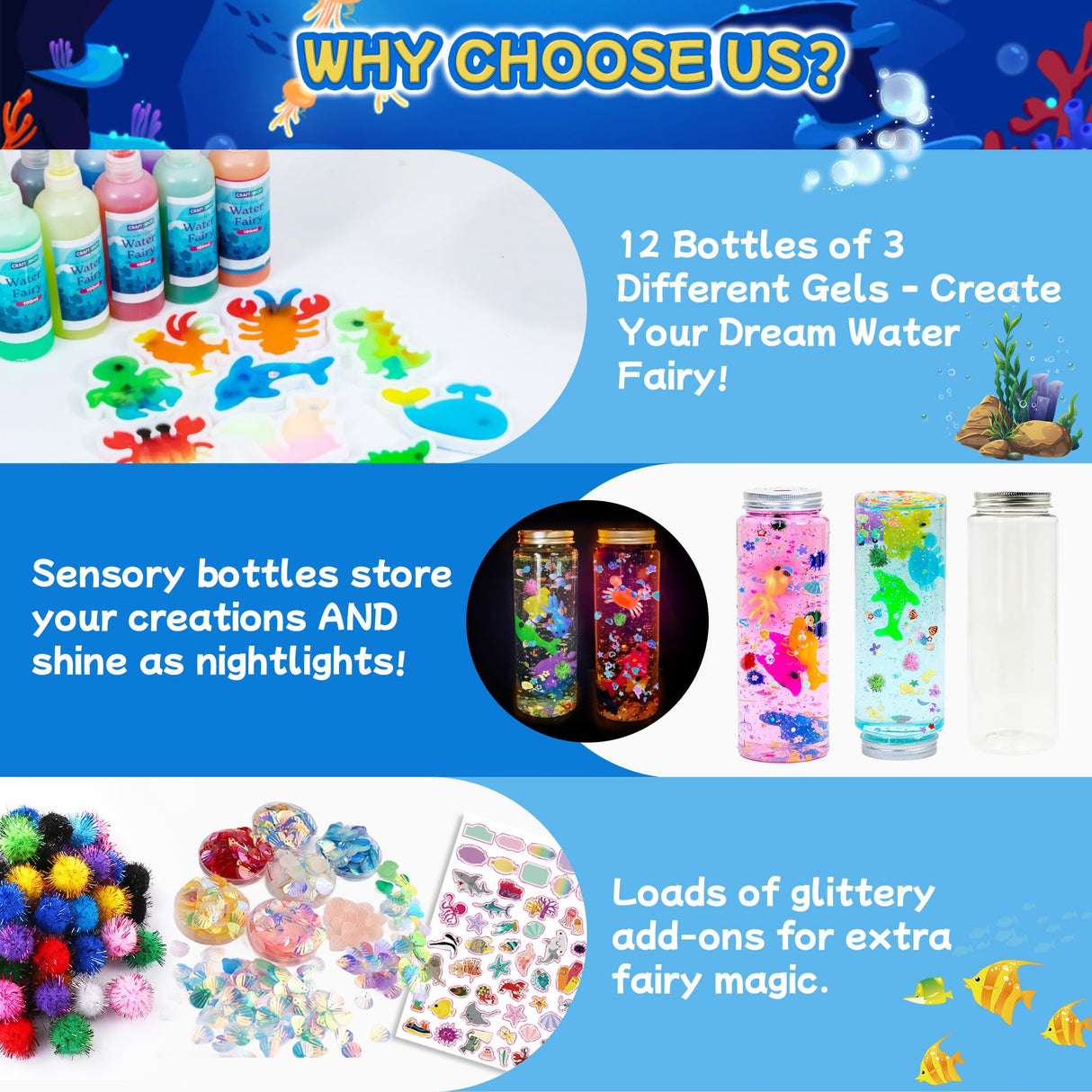 Make 3 Sensory Bottle, Glow-in-The-Dark Magic Gel Water Fairy Toy, DIY 100+ Aqua Water Squishy kit with 18 Shape Molds, 100ml Gels, 5L Bucket, Shell, Glitter, Pom-Poms, Arts Crafts for Kids Craft Spot!