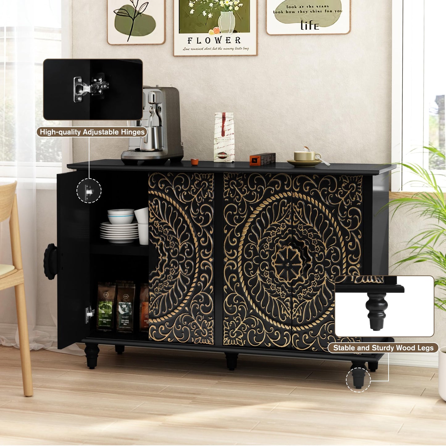 ARTPOWER Black Sideboard Buffet Cabinet with 4 Doors, Accent Decorative Storage Cabinet with Carved Flower Pattern, Wood Credenza Cabinet with storage for Hallway, Living Room, Kitchen, Dinin - WoodArtSupply