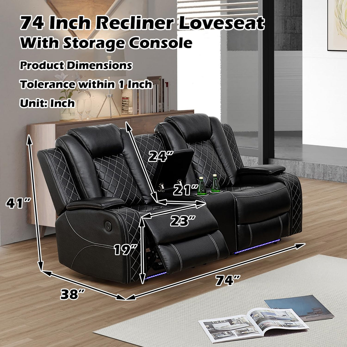 SIENWIEY Power Recliner Sofa Set for Living Room Furniture Sets，Leather Reclining Couch Set with LED Lights，Recliner Leather Sofa and Loveseat with Storage/Cup Holders/Charging Port，Black SIENWIEY