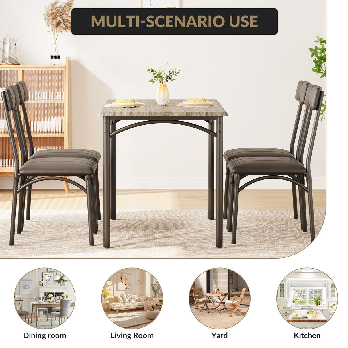 Litake Dining Room Table Set for 4, Kitchen Table Set with PU Upholstered Chairs, Square 5 Pieces Dining Table Set for Small Space, Apartment, Gray Litake
