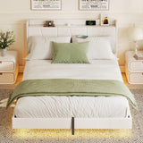 Halitaa King Size Floating Bed Frame with LED Lights, Lift-Up Storage, and Charging Station in White PU Leather Halitaa