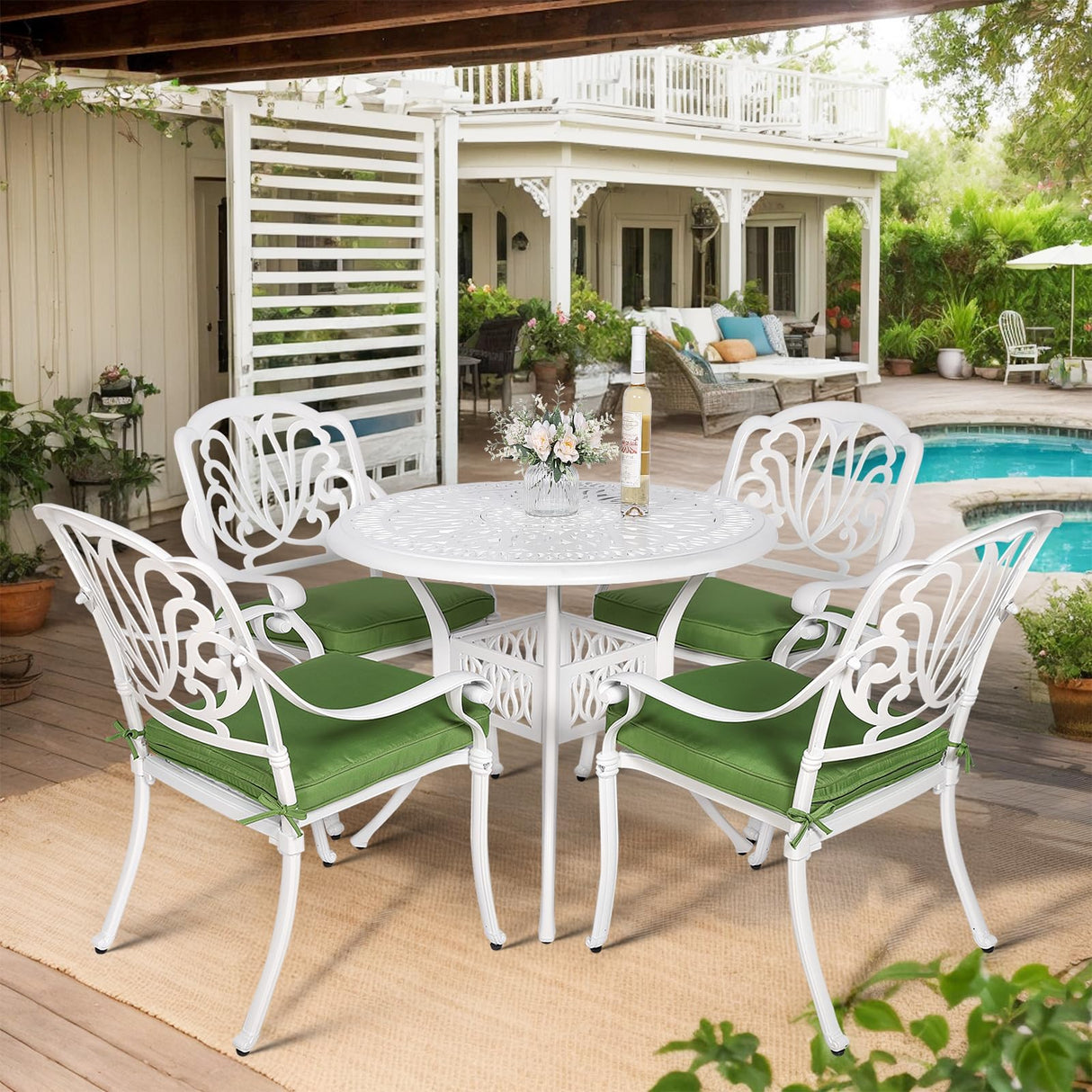 VIVIJASON 5-Piece Patio Furniture Dining Set, All-Weather White Cast Aluminum Outdoor Conversation Set, Include 4 Cushioned Chairs and a 35.4" Round Table w/Umbrella Hole for Balcony Lawn Garden VIVIJASON
