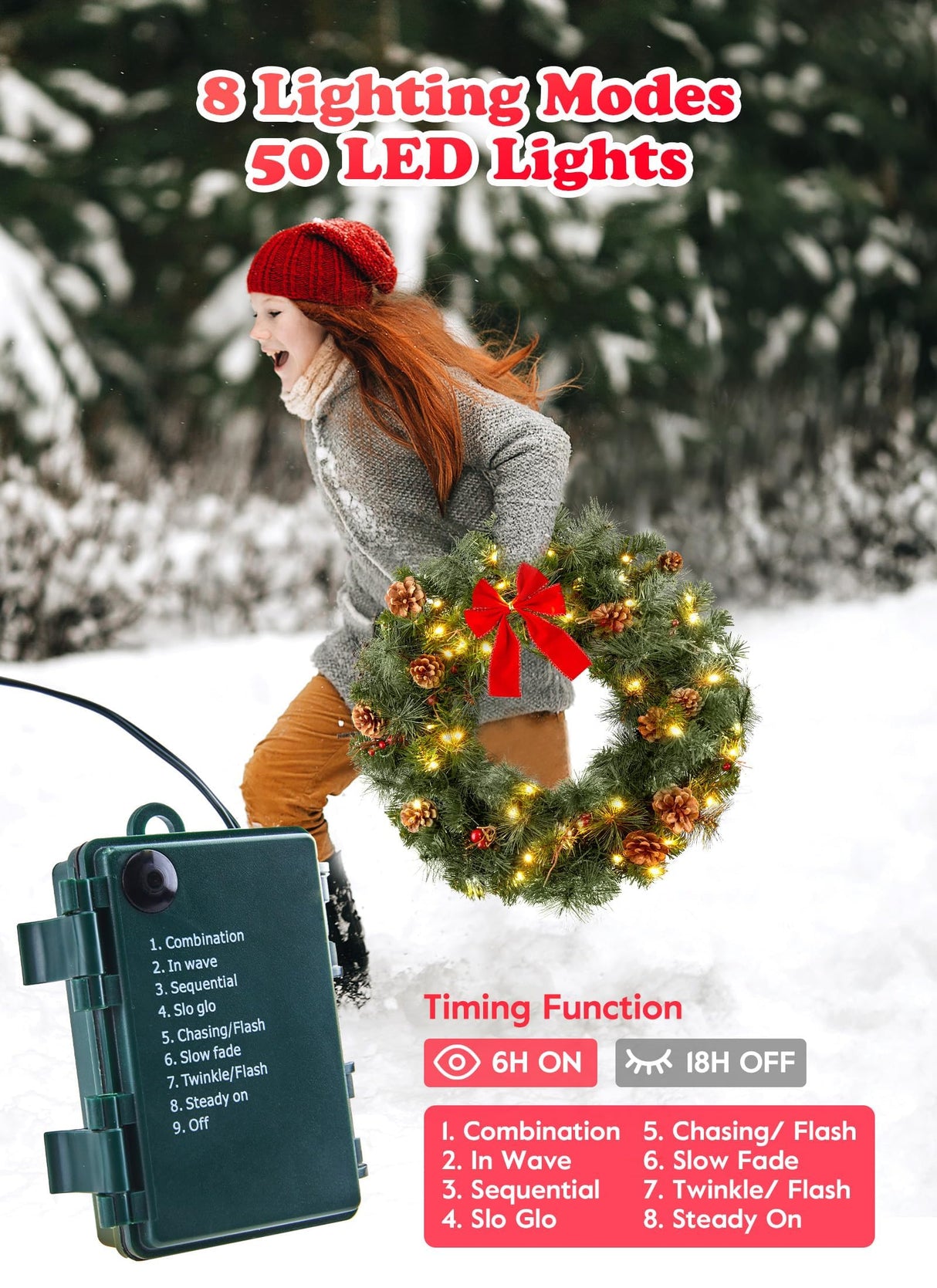 24 Inch Pre-Lit Handcrafted Christmas Wreath, IP44 Battery Operated 50 LED Christmas Wreaths, Decor with Pinecones Pine Needles Branches Red Berry Mini Bow, X-Mas Collection for Front Door Wall Window Brightown