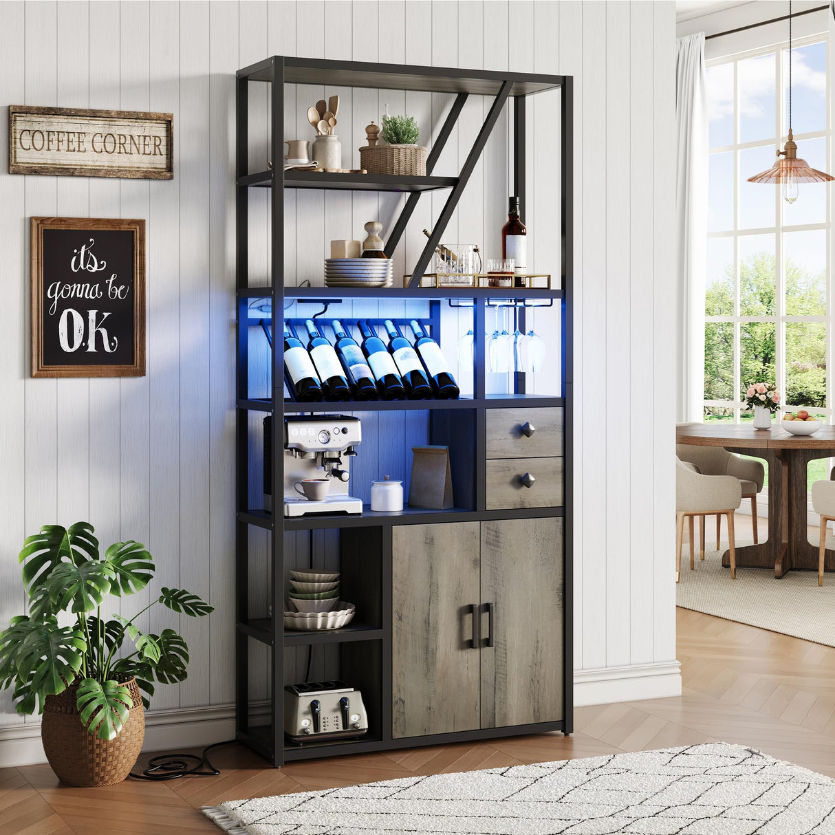 Wine Bar Cabinet with LED Lights and Power Outlets – Tall Coffee Bar Station with Wine Rack, Kitchen Microwave Stand and Bakers Rack – Stylish Cabinet for Living Room, Home, Dining Room, Grey GAOMON
