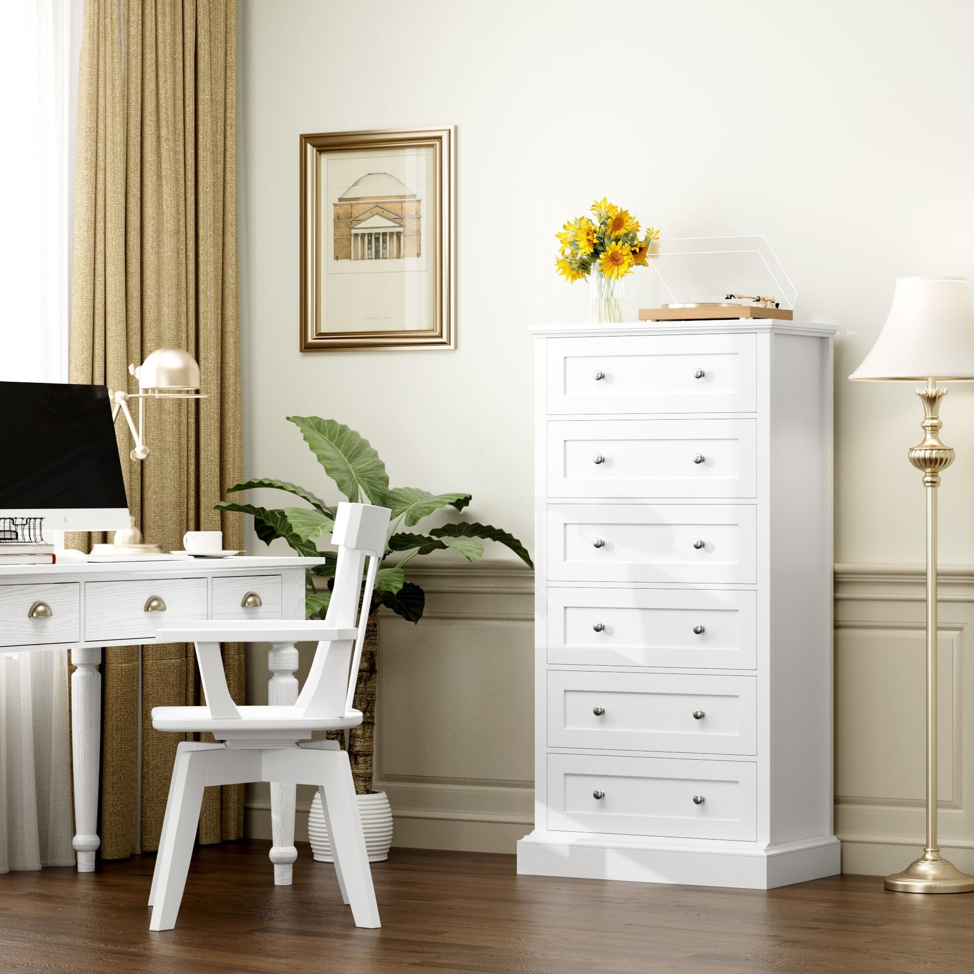 FACBOTALL 6 Drawer Dresser, 56" Tall White Dresser with Mental Double Handles, Chest of Drawers Cabinet for Hallway Living Room - WoodArtSupply