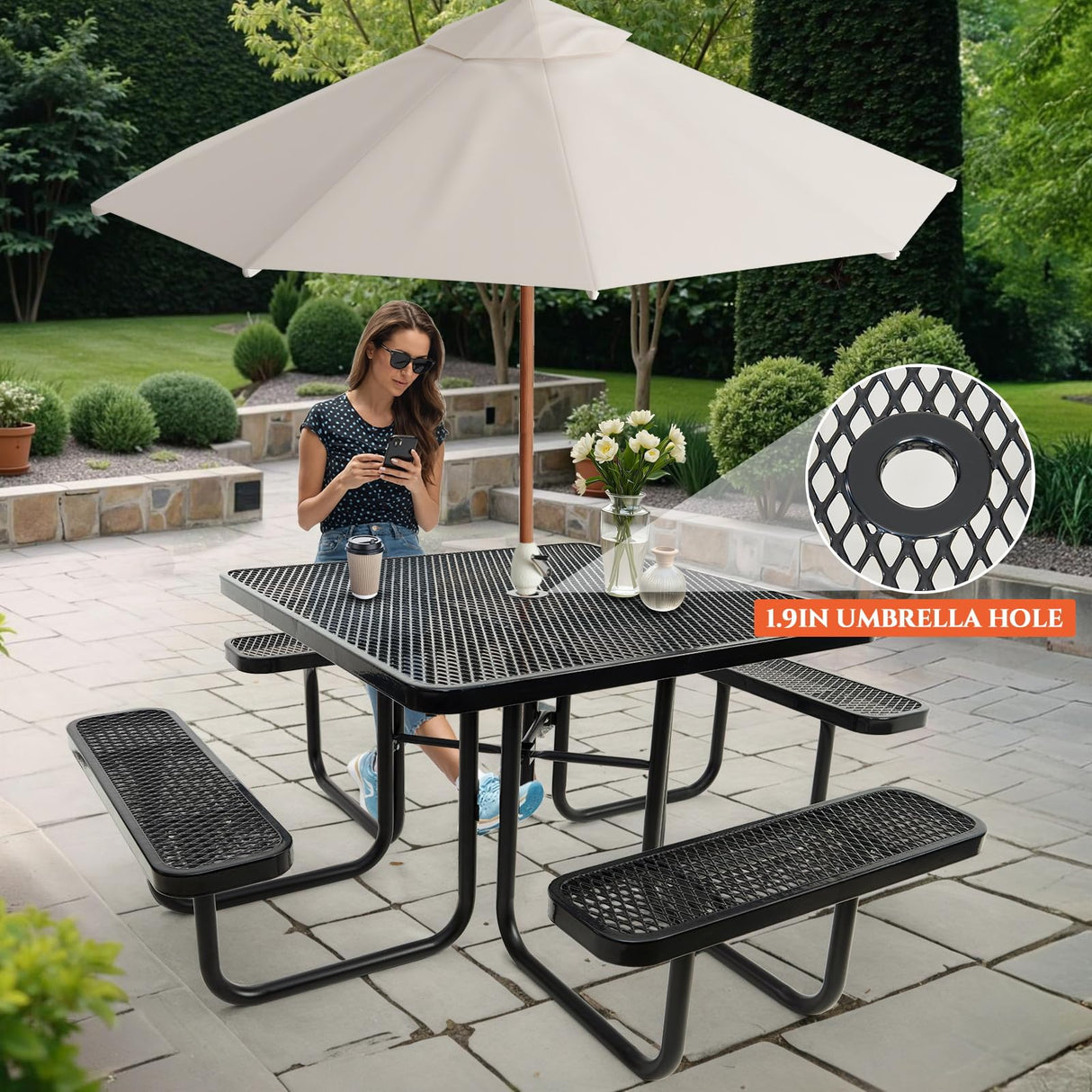 47'' Heavy-Duty Metal Picnic Tables with Umbrella Hole, Outdoor Steel Heavy Duty Commercial Grade Black Table, Outdoor Bench Set for Lawn, Patio, Park, Yard, Garden, Porch (Set A, Square) Yorkgargen