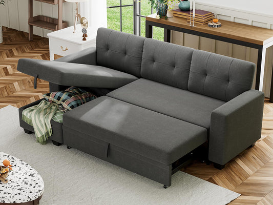 Shahoo Sofa Bed Reversible Convertible Sleeper Pull Out Couches with Storage Chaise, Linen Fabric Furniture for Living Room, Bedroom, Apartment, Dark Gray