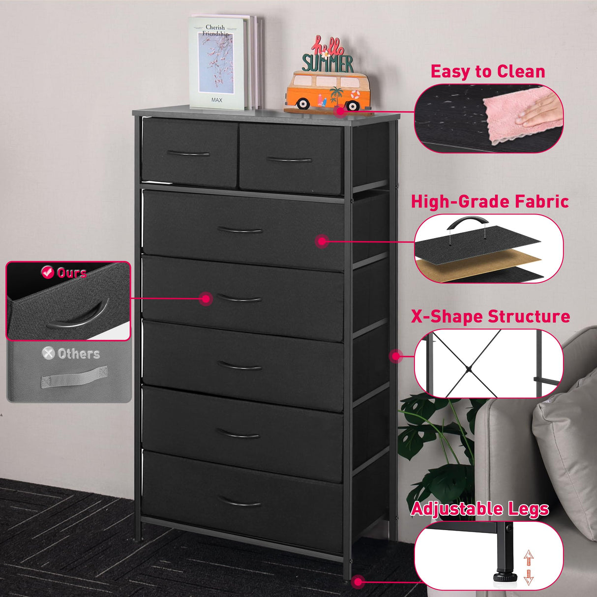 Mifuro Tall Dresser for Bedroom, Vertical Storage Organizer Tower with 7 Drawers, Chest of Drawers with Fabric Bins, Steel Frame, Wood Top for Bedroom, Closet, Entryway- Black Mifuro