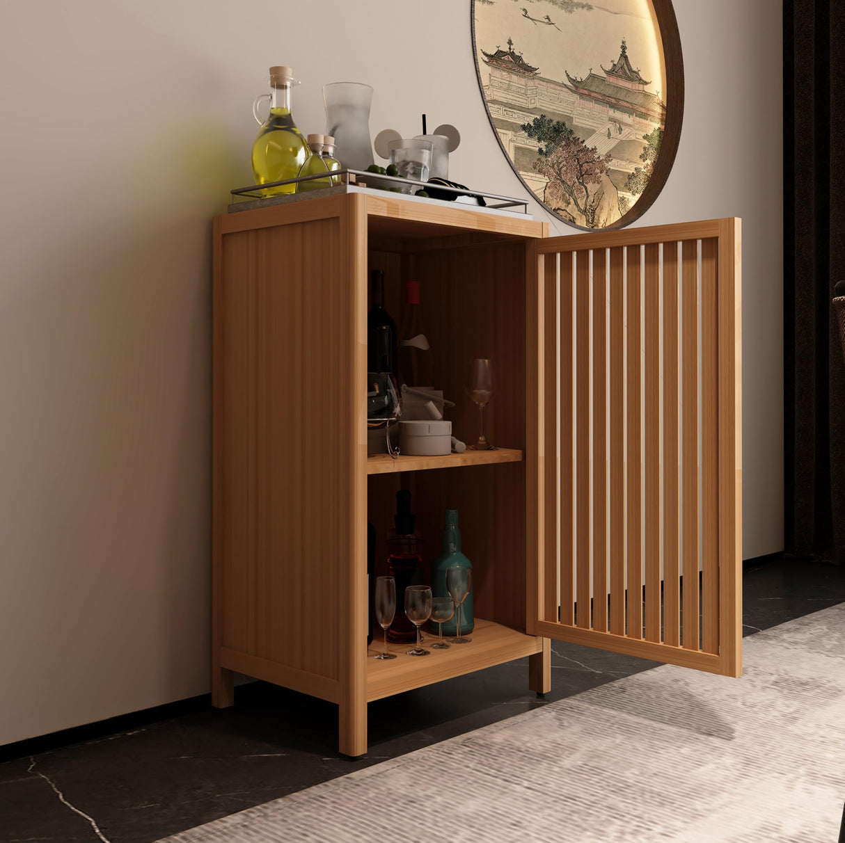 Ball & Cast Bamboo Storage-Cabinet, Bathroom Freestanding Cabinet with Slat Door,Multi-Purpose Bamboo-Floor Organizer for Entryway Living Kitchen Entryway, Natural Ball & Cast