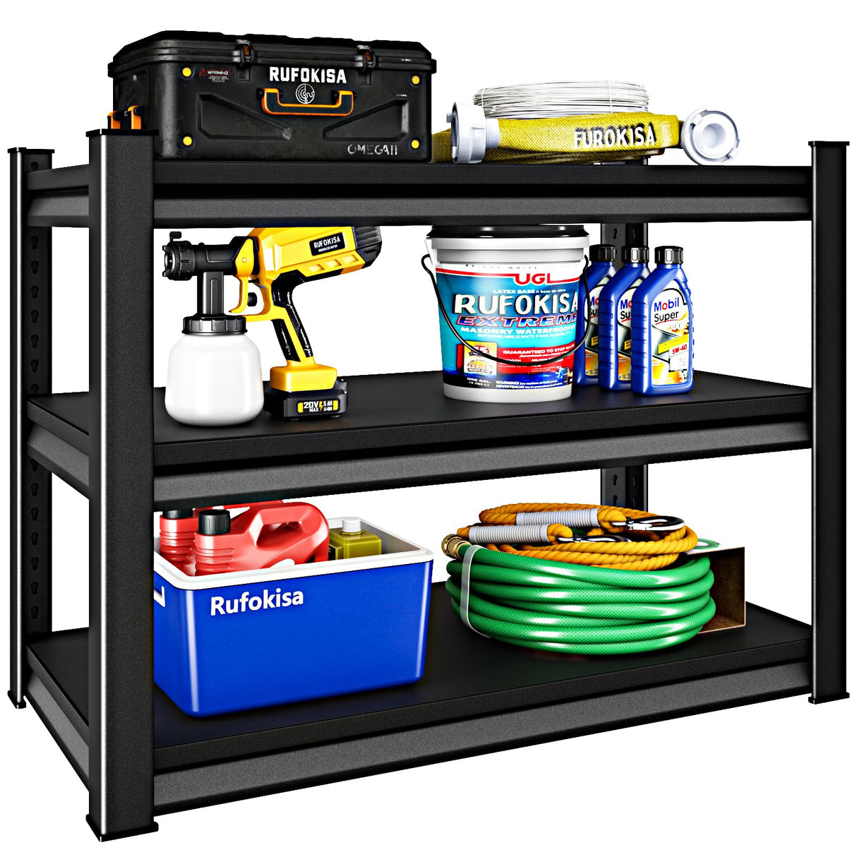Rufokisa 40" W 3-Tier Garage Shelving Heavy Duty, 1500LBS Loads Garage Storage Shelves, Metal Shelving Units and Storage Racks, Industrial Utility Shelf Heavy Duty,40" Wx16 Dx36 H, Black Rufokisa
