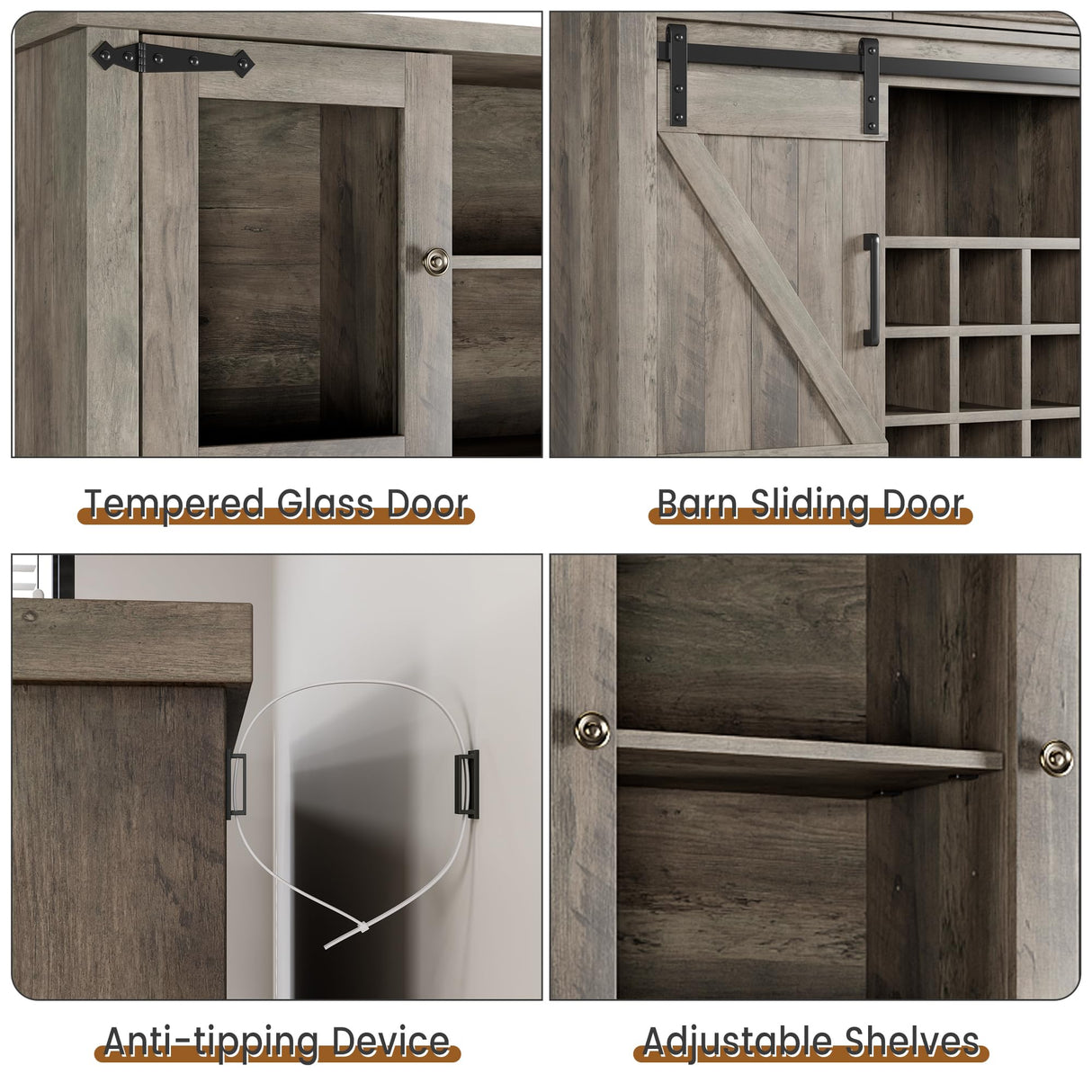 IDEALHOUSE 72" Modern Farmhouse Coffee Bar Cabinet with LED Lights & Power Outlets, Sliding Barn Doors, Rustic Gray Kitchen Buffet with Wine Storage, Ample Storage for Home Bar, Microwave IDEALHOUSE