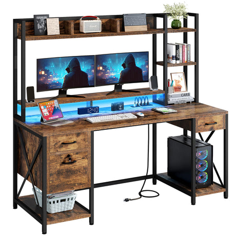 YITAHOME Computer Desk with Drawers & Power Outlets, File Drawers with Lock, 59" Home Office Desk with Storage Shelves & Monitor Stand, Gaming Desk YITAHOME