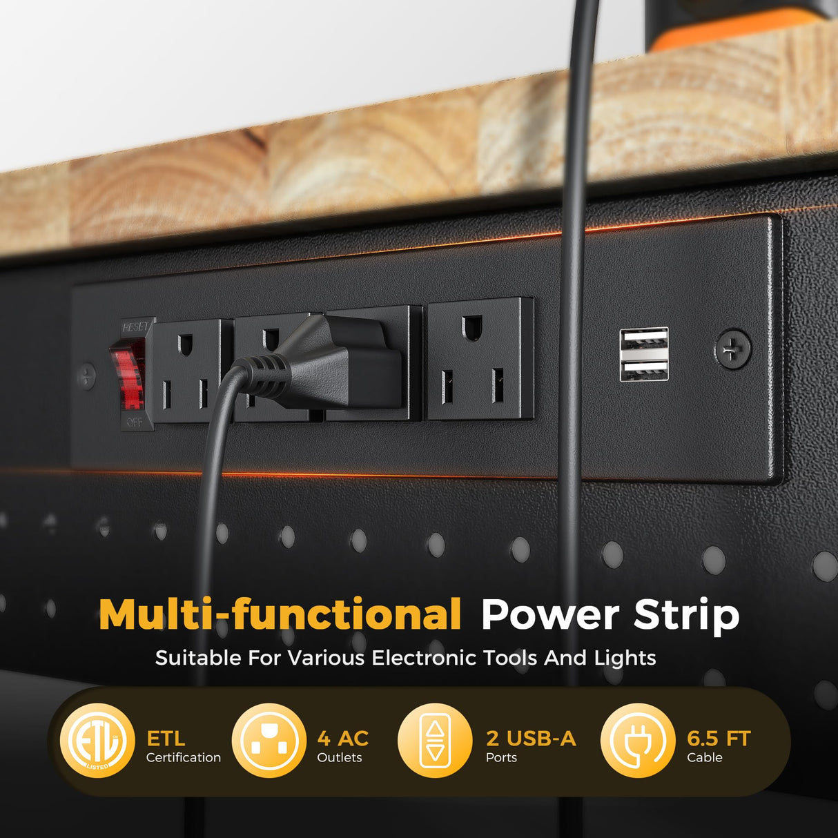 CAMMOO 48" Adjustable Heavy Duty Workbench, 2000 LBS Load Capacity Rubber Wood Work Table with Pegboard, Power Outlets, Work Bench for Garage, Workshop, Office, Home, Commercial CAMMOO