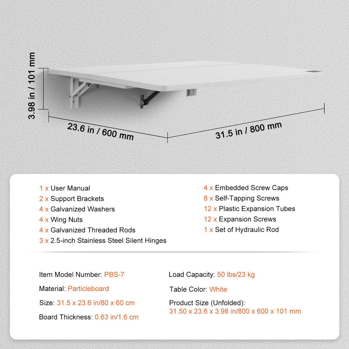 VEVOR Wall Mounted Folding Table, 31.5" x 19.69" Wall Mount Drop Leaf Table, Floating Desk with Iron Bracket, Fold Down Desk for Small Spaces, Home Office, Dining, Laundry Room, Kitchen, Bar, White VEVOR