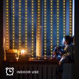 Solar Curtain Lights 7.9ft x 6ft 144 LED Outdoor Curtain Lights Waterproof with Timer 8 Modes for Christmas Garden Patio Fence Wedding Wall Window Gazebo Decor - Warm White echosari