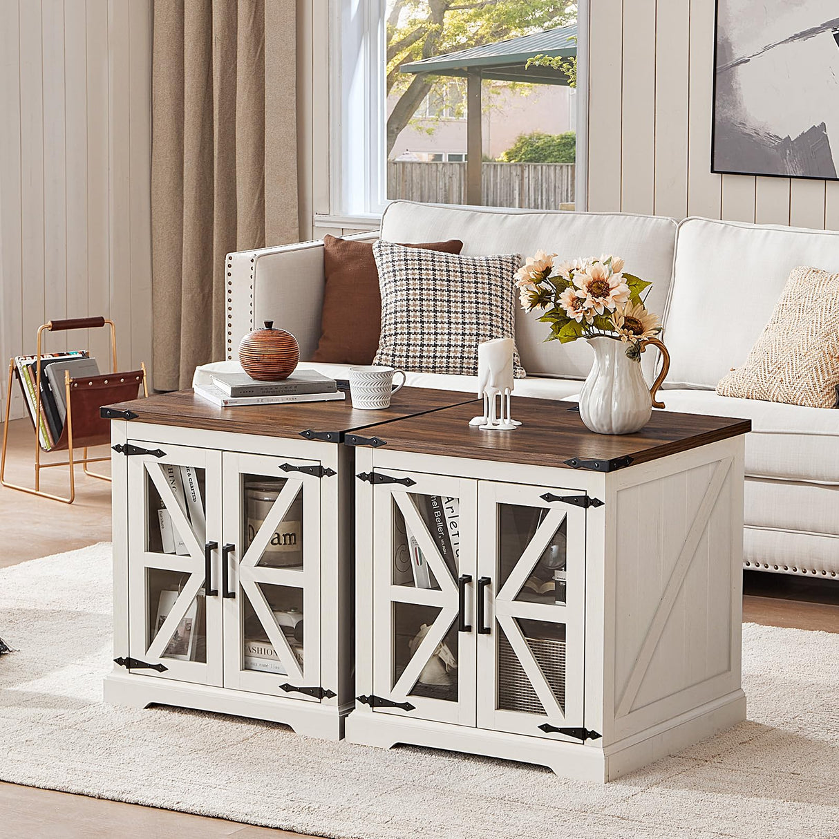 Joaxswe 24" End Table with Charging Station, Farmhouse Night Stand with Glass Barn Door, White Nightstands with Adjustable Storage Shelf, Large Wood Square Bed Side Table for Living Room,Bedroom Joaxswe