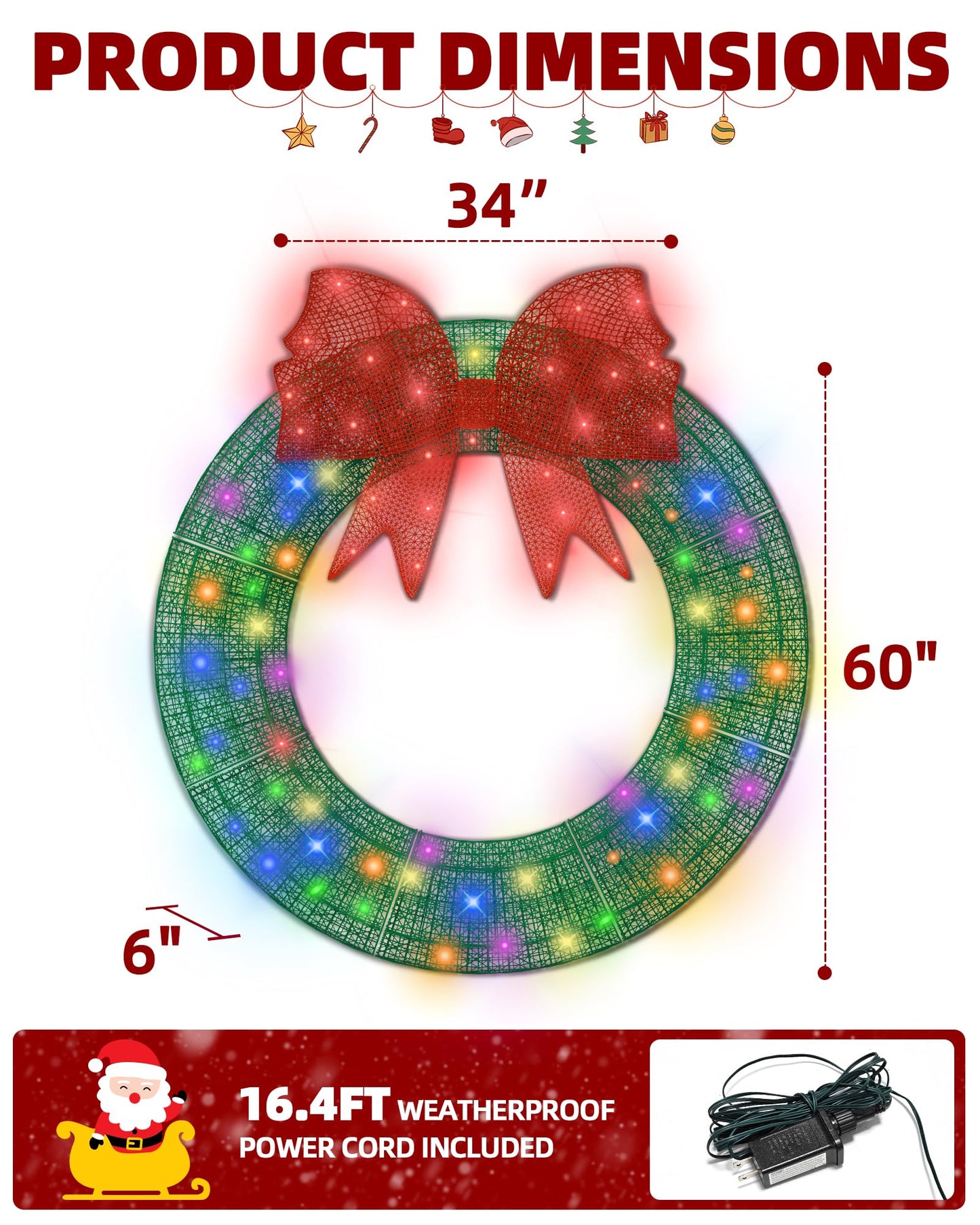 Poolergetic Outdoor 60 in Pre-lit Christmas Wreath, Large Green LED Christmas Wreath Decoration with Bow, Holiday Light Decor for Christmas for Yard, Garage, Door and Window