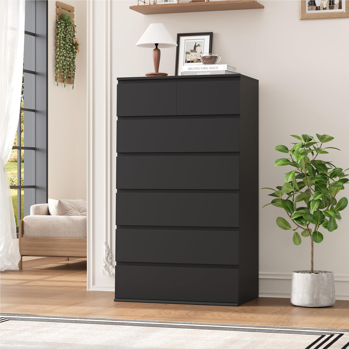FOTOSOK 7 Drawer Dresser, Black Dresser Tall Dresser, 23.6W x 15.7D x 46.7H in Black Chest of Drawers with Large Storage Space for Home FOTOSOK