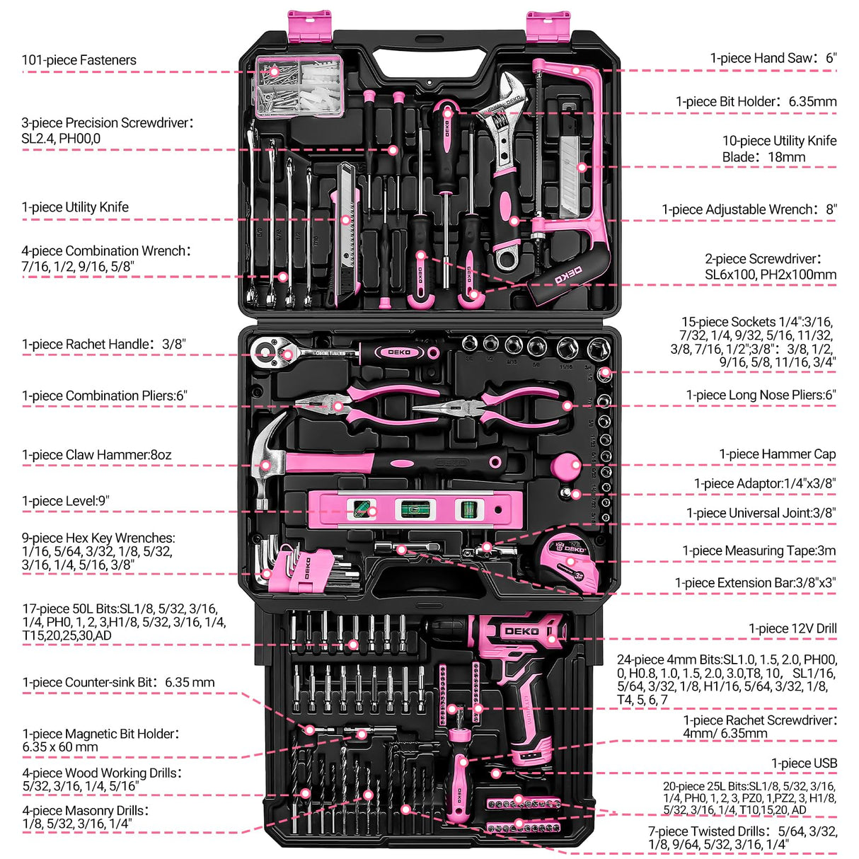 Pink Tool Kit Box Drill Set：DEKOPRO Home Mechanic Toolbox with 12V Power Cordless Drill Hand Repair Tools Sets Combo Kits Storage Organizer Drawer Case for Women DEKOPRO