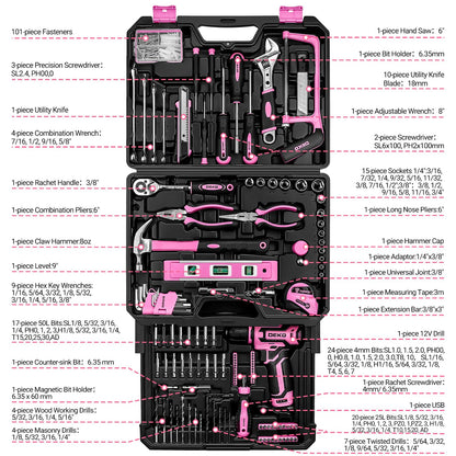 Pink Tool Kit Box Drill Set：DEKOPRO Home Mechanic Toolbox with 12V Power Cordless Drill Hand Repair Tools Sets Combo Kits Storage Organizer Drawer Case for Women - WoodArtSupply