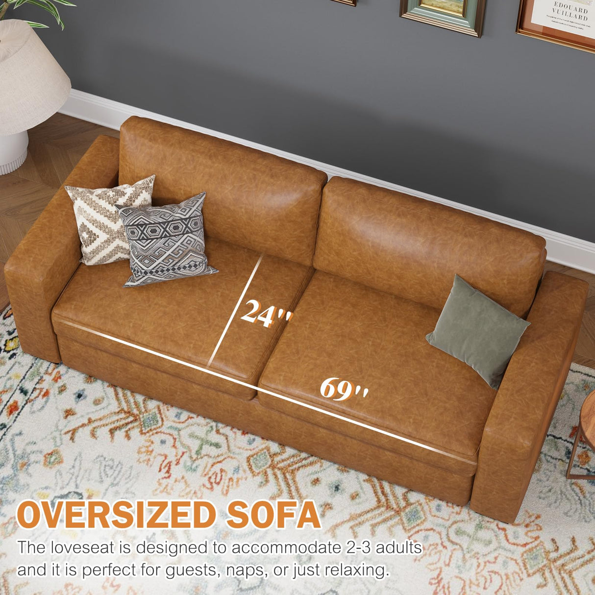 ABCASA 85" Faux Leather Couch with Padded Cushions, Mid-Century Modern Sofa with Extra Deep Seats, 3-Seater Sofa Couch for Living Room Apartment Lounge, Brown ABCASA