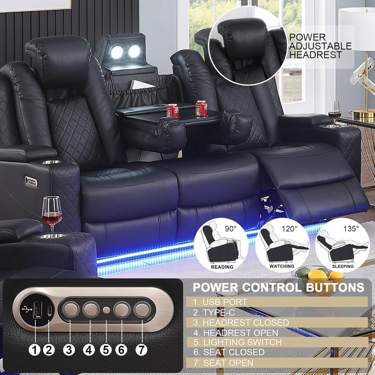 Power Recliner Sofa 3 Seat, Black Leather Reclining Loveseat with Console RV Furniture with Adjustable Headrest/Led Light/Storage/Reading Lamp/Cup Holder/USB&Wireless Charging poplarbox