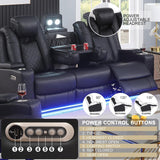 Power Recliner Sofa 3 Seat, Black Leather Reclining Loveseat with Console RV Furniture with Adjustable Headrest/Led Light/Storage/Reading Lamp/Cup Holder/USB&Wireless Charging poplarbox