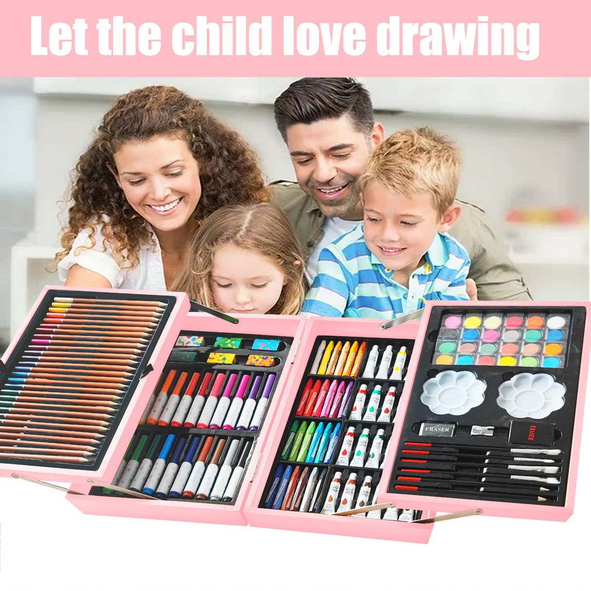 KINSPORY Art Supplies, 139 Pack Painting Drawing Art Kit with 2 Sketch Pads, Deluxe Double Layers Art Set Crafts, Colored Pencils, Oil Pastels, Watercolor Paints, Gift for Artists Kids (Rose Pink) KINSPORY