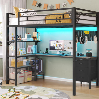 ADORNEVE Loft Bed Twin Size with L-Shaped Desk, LED Lights,Charging Station,Twin Metal Loft Bed with Desk, Fabric Drawers & Shelves, 13.4" H Safety Guard, No Box Spring Needed, Grey