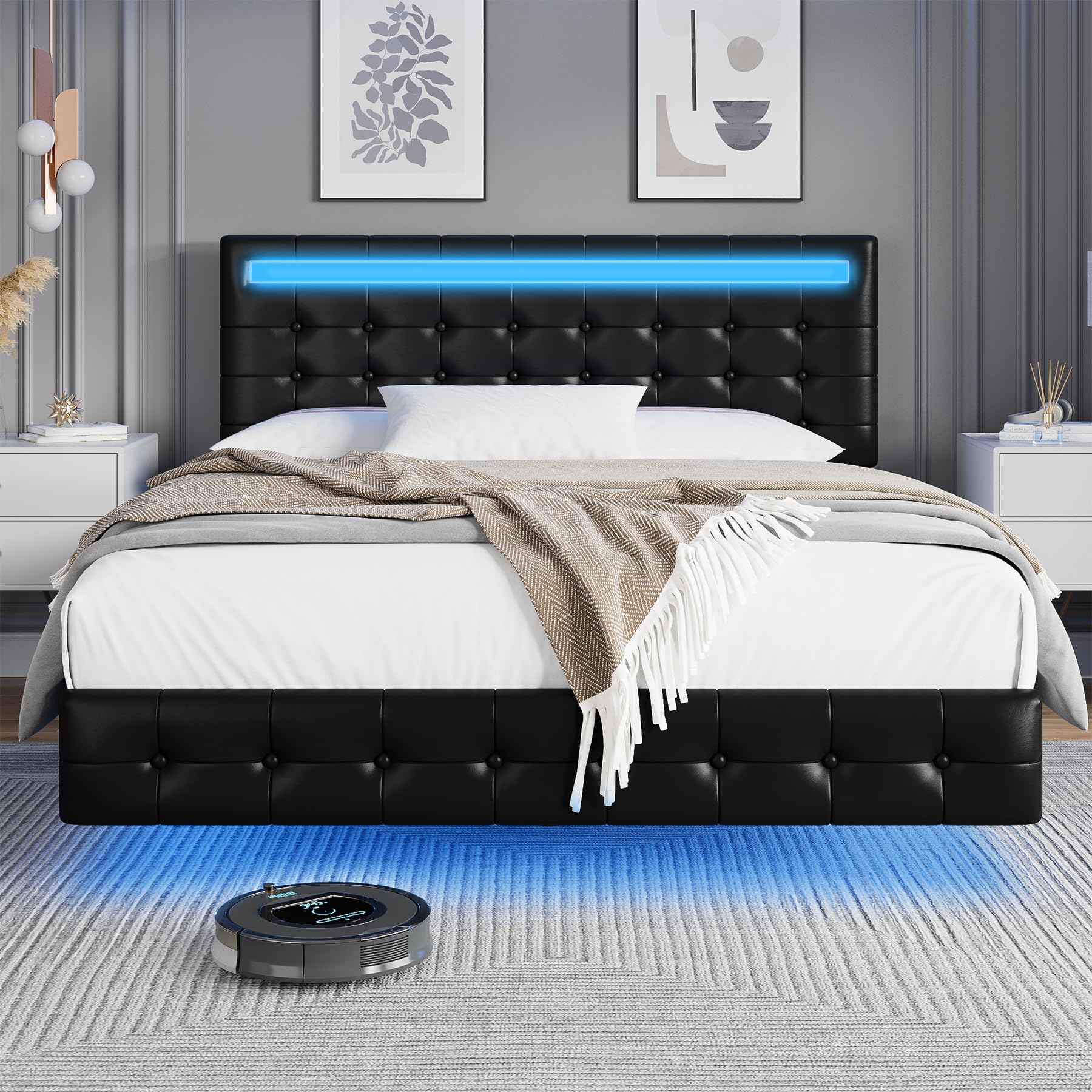 Keyluv Black Floating Bed Frame with LED Lights and Adjustable Upholstered Headboard - WoodArtSupply