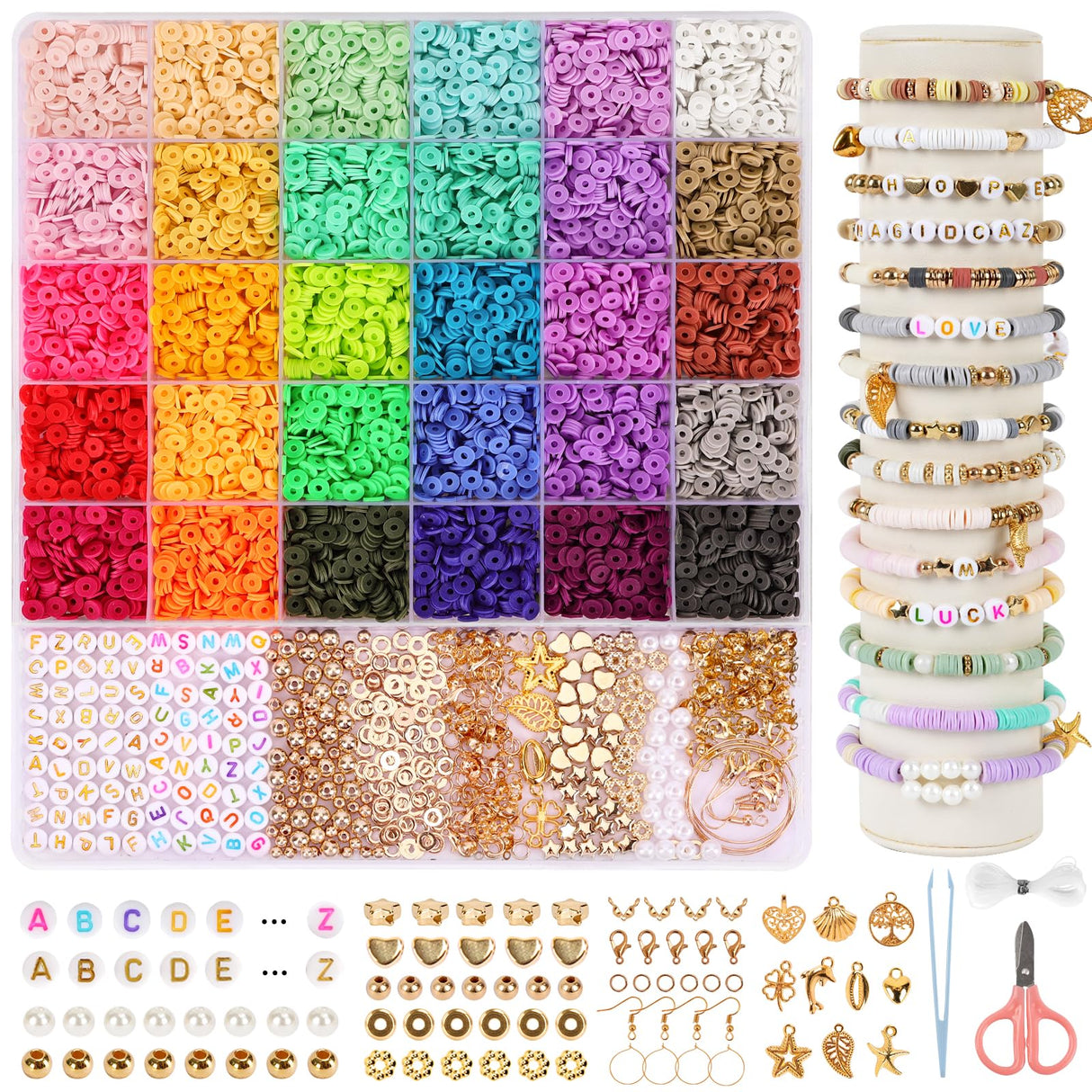 QUEFE 8200pcs Clay Beads Bracelet Making Kit, 30 Colors Flat Preppy for Friendship Bracelets, Polymer Heishi Beads with Charms for Jewelry Making, Holiday Crafts Gift for Teen Girls Adults QUEFE
